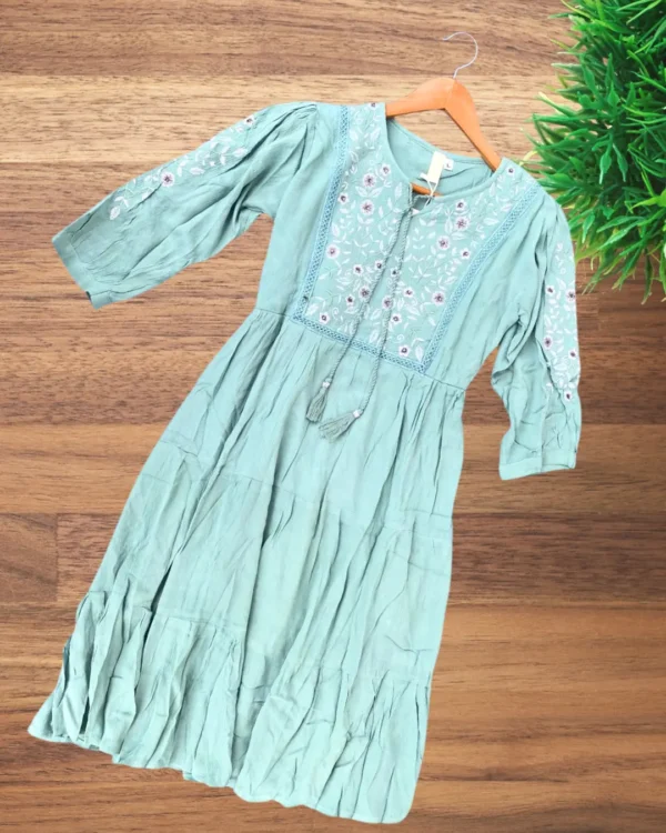 Olive Green Tiered Midi Dress with Embroidery - Image 2